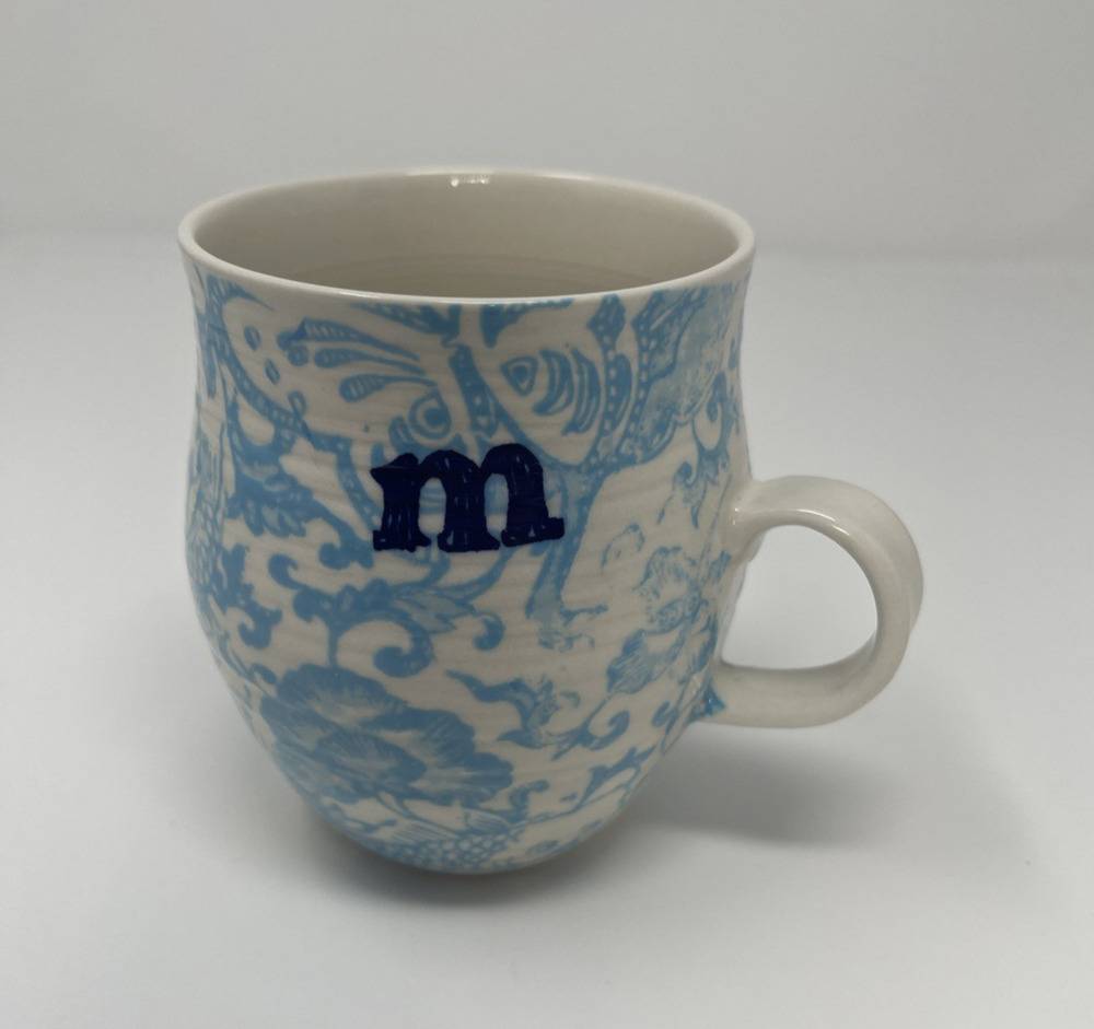 Anthropologie Initial M Mug Homegrown Boho Blue Floral Monogram 14 Oz